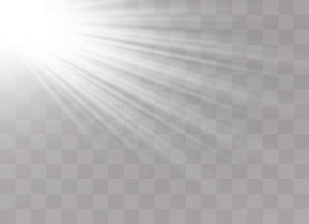 Vector transparent sunlight special lens flash light effect.front sun lens flash. Vector blur in the light of radiance. Element of decor. Horizontal stellar rays and searchlight.のイラスト素材