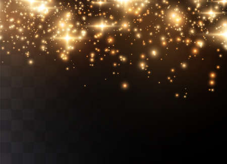The dust is yellow. yellow sparks and golden stars shine with special light. Vector sparkles on a transparent background. Christmas light effect. Sparkling magical dust particles.のイラスト素材
