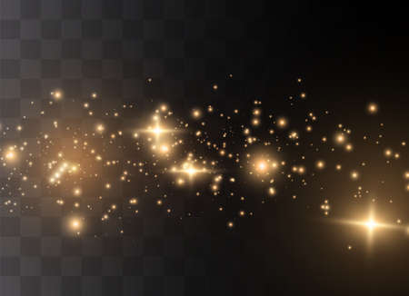 The dust is yellow. yellow sparks and golden stars shine with special light. Vector sparkles on a transparent background. Christmas light effect. Sparkling magical dust particles.のイラスト素材
