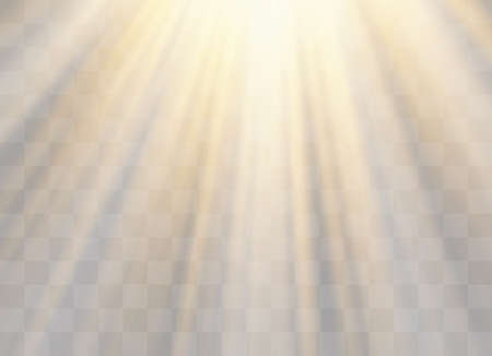 Vector transparent sunlight special lens flash light effect.front sun lens flash. Vector blur in the light of radiance. Element of decor. Horizontal stellar rays and searchlight.のイラスト素材