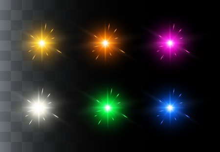 Light flare special effect with rays of light and magic sparkles. Glow transparent vector light effect set, explosion, glitter, spark, sun flash, burst.のイラスト素材