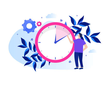 Concept time management, Businessman working on isometric clock for web page, banner, presentation, social media, documents, cards, posters.のイラスト素材
