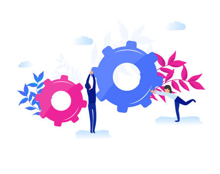 Concept illustration of business, office workers analysis of the evolutionary scale, SEO, market research Web site coding, internet search optimization. Landing page template, social mediaのイラスト素材