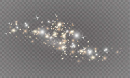 The dust is white.White sparks and golden stars shine with special light. Vector sparkles on a transparent background. Christmas light effect. Sparkling magical dust particles.のイラスト素材