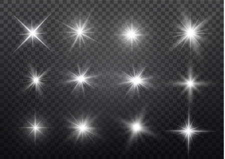 Light flare special effect with rays of light and magic sparkles. Glow transparent vector light effect set, explosion, glitter, spark, sun flash, burst.のイラスト素材