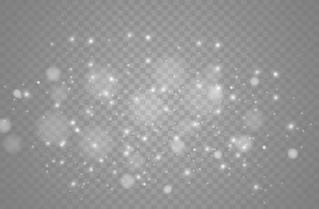 The dust is white.White sparks and golden stars shine with special light. Vector sparkles on a transparent background. Christmas light effect. Sparkling magical dust particles.のイラスト素材
