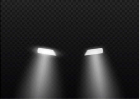 Car head lights shining from darkness background.Vector silhouette of car with headlights on black background. Easy light flash .Vector illustration.のイラスト素材