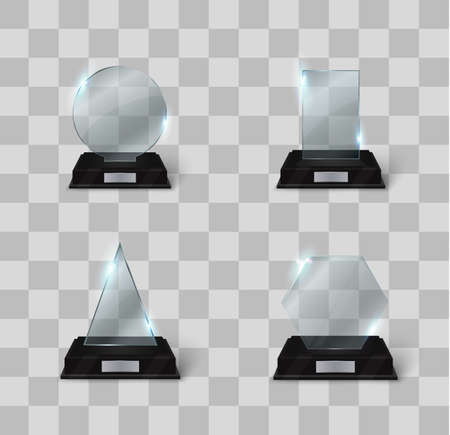 Blank glass trophy award on a transparent background. Glossy trophy for illustration award.realistic empty.black stand 3D .vectorのイラスト素材