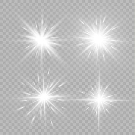 Light flare special effect with rays of light and magic sparkles. Glow transparent vector light effect set, explosion, glitter, spark, sun flash, burst.のイラスト素材