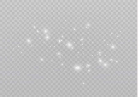 The dust is white.White sparks and golden stars shine with special light. Vector sparkles on a transparent background. Christmas light effect. Sparkling magical dust particles.のイラスト素材