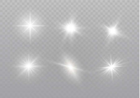 White glowing light explodes on a transparent background. Sparkling magical dust particles. Bright Star. Transparent shining sun, bright flash. Vector sparkles. To center a bright flash.のイラスト素材