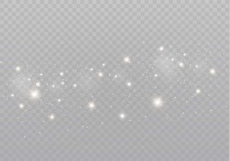 The white dust sparks and golden stars shine with special light. Vector sparkles on a transparent background.  Sparkling magical dust particles.のイラスト素材