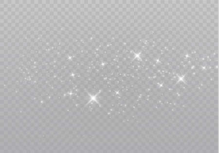 The white dust sparks and golden stars shine with special light. Vector sparkles on a transparent background. Christmas light effect. Sparkling magical dust particles.のイラスト素材