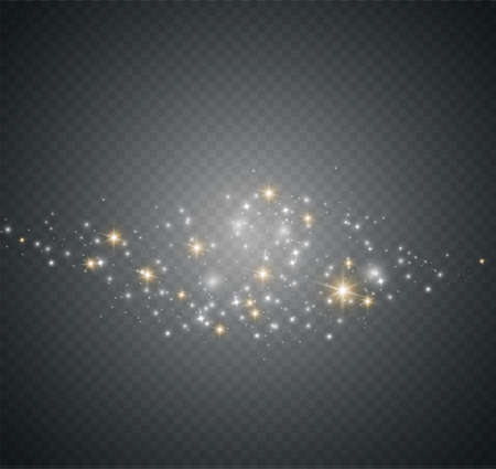 The white dust sparks and golden stars shine with special light. Vector sparkles on a transparent background.  Sparkling magical dust particles.のイラスト素材