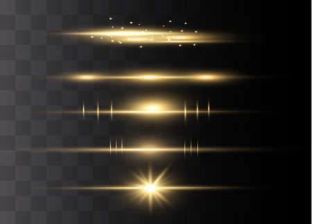 yellow horizontal lens flares pack. Laser beams, horizontal light rays.Beautiful light flares. Glowing streaks on dark background. Luminous abstract sparkling lined background.のイラスト素材