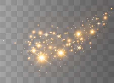 The yellow dust sparks and golden stars shine with special light. Vector sparkles on a transparent background.  Sparkling magical dust particles.のイラスト素材