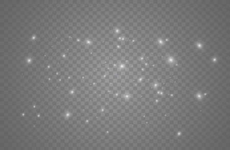 The white dust sparks and golden stars shine with special light. Vector sparkles on a transparent background. Christmas light effect. Sparkling magical dust particles.のイラスト素材