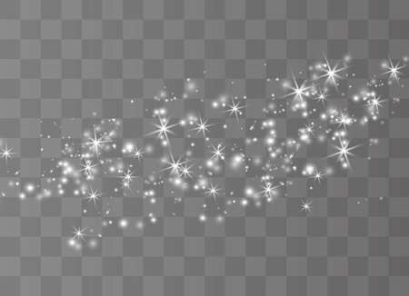 The white dust sparks and golden stars shine with special light. Vector sparkles on a transparent background.  Sparkling magical dust particles.のイラスト素材