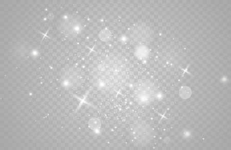 The white dust sparks and golden stars shine with special light. Vector sparkles on a transparent background. Christmas light effect. Sparkling magical dust particles.のイラスト素材