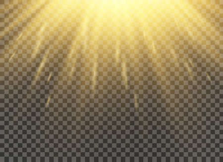 Vector transparent sunlight special lens flash light effect.front sun lens flash. Vector blur in the light of radiance. Element of decor. Horizontal stellar rays and searchlight.のイラスト素材