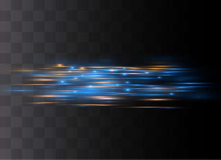Blue horizontal lens flares pack. Laser beams, horizontal light rays.Beautiful light flares. Glowing streaks on dark background. Luminous abstract sparkling lined background.のイラスト素材