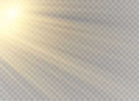 Vector transparent sunlight special lens flash light effect.front sun lens flash. Vector blur in the light of radiance. Element of decor. Horizontal stellar rays and searchlight.のイラスト素材