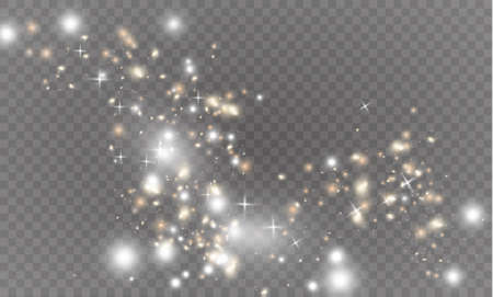 The white dust sparks and golden stars shine with special light. Vector sparkles on a transparent background. Christmas light effect. Sparkling magical dust particles.のイラスト素材