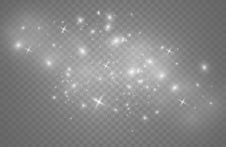 The white dust sparks and golden stars shine with special light. Vector sparkles on a transparent background. Sparkling magical dust particles.のイラスト素材