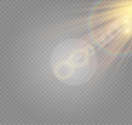 Vector transparent sunlight special lens flash light effect.front sun lens flash. Vector blur in the light of radiance. Element of decor. Horizontal stellar rays and searchlight.のイラスト素材