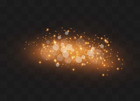 The dust sparks and golden stars shine with special light. Vector sparkles on a transparent background. Christmas light effect. Sparkling magical dust particles.のイラスト素材