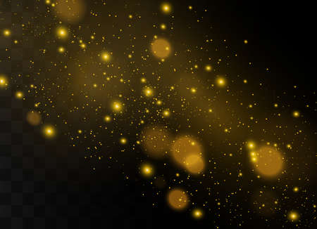The dust sparks and golden stars shine with special light. Vector sparkles on a transparent background. Christmas light effect. Sparkling magical dust particles.のイラスト素材