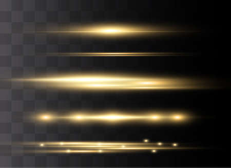 yellow horizontal lens flares pack. Laser beams, horizontal light rays.Beautiful light flares. Glowing streaks on dark background. Luminous abstract sparkling lined background.のイラスト素材
