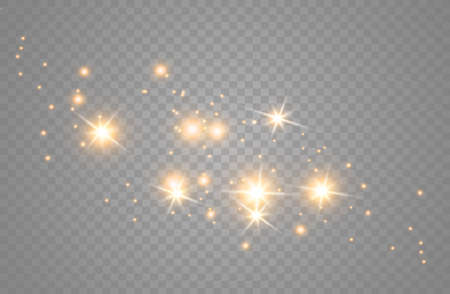 The yellow dust sparks and golden stars shine with special light. Vector sparkles on a transparent background.  Sparkling magical dust particles.のイラスト素材