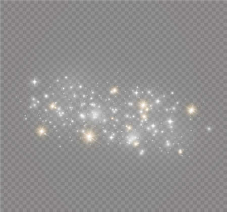 The white dust sparks and golden stars shine with special light. Vector sparkles on a transparent background. Christmas light effect. Sparkling magical dust particles.のイラスト素材