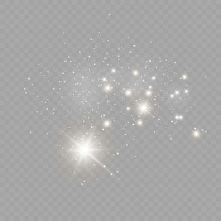 The white dust sparks and golden stars shine with special light. Vector sparkles on a transparent background.  Sparkling magical dust particles.のイラスト素材