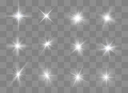 White glowing light explodes on a transparent background. Sparkling magical dust particles. Bright Star. Transparent shining sun, bright flash. Vector sparkles. To center a bright flash.のイラスト素材