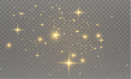 The yellow dust sparks and golden stars shine with special light. Vector sparkles on a transparent background.  Sparkling magical dust particles.のイラスト素材