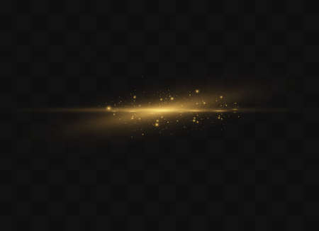 yellow horizontal lens flares pack. Laser beams, horizontal light rays.Beautiful light flares. Glowing streaks on dark background. Luminous abstract sparkling lined background.のイラスト素材