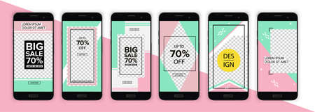 Trendy editable template for social networks on a mobile phone screen. Background design for social networks. Set of modern abstract vector banners. Flat geometric shapes for phones.のイラスト素材