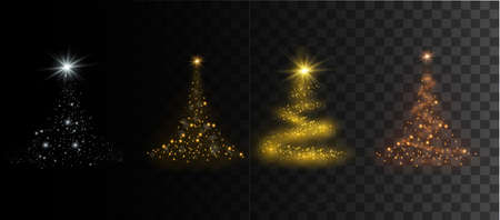 Christmas tree on a transparent background. Vector illustration of a beautiful spruce. Golden Christmas tree as a symbol of happy New Year, merry Christmas holiday.のイラスト素材