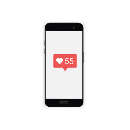 Phone with red social page icons. Smartphone for a social page with a sign of messages, likes and comments. Display vector illustration.のイラスト素材