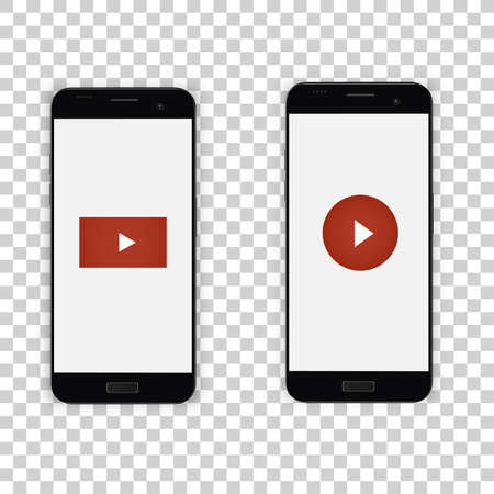 A phone with a video player button. A smartphone for a social page with a sign of messages, likes and comments. Display vector illustration.のイラスト素材