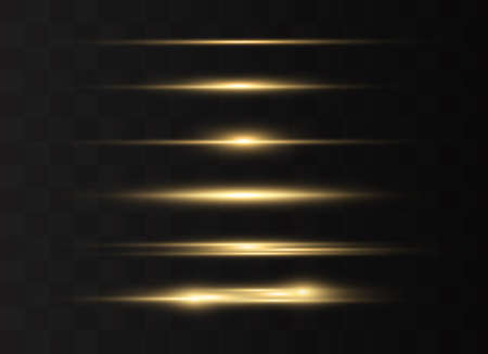 yellow horizontal lens flares pack. Laser beams, horizontal light rays.Beautiful light flares. Glowing streaks on dark background. Luminous abstract sparkling lined background.のイラスト素材