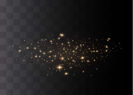 The dust sparks and golden stars shine with special light. Vector sparkles on a transparent background. Christmas light effect.のイラスト素材