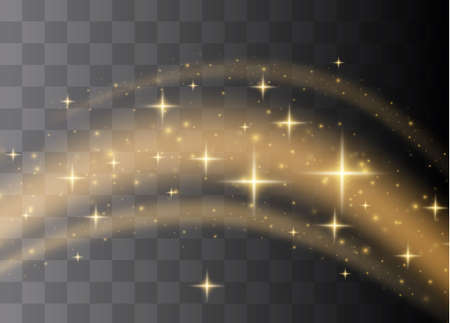 The dust sparks and golden stars shine with special light. Vector sparkles on a transparent background. Christmas light effect. Sparkling magical dust particles.のイラスト素材