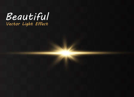 Yellow horizontal lens flares pack. Laser beams, horizontal light rays. Beautiful light flares. Glowing streaks on dark background. Luminous abstract sparkling lined background.のイラスト素材