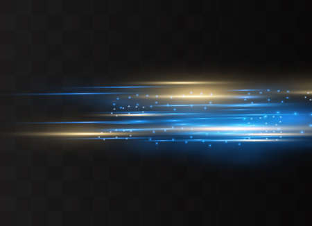 Blue horizontal lens flares pack. Laser beams, horizontal light rays.Beautiful light flares. Glowing streaks on dark background. Luminous abstract sparkling lined background.のイラスト素材