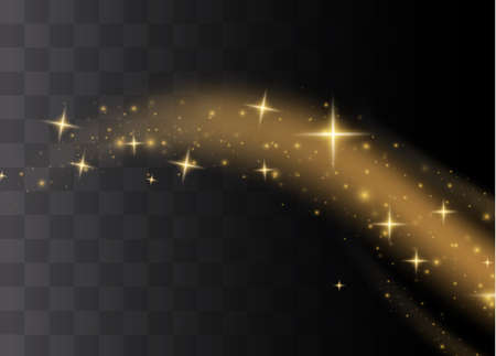 The dust sparks and golden stars shine with special light. Vector sparkles on a transparent background. Christmas light effect. Sparkling magical dust particles.のイラスト素材