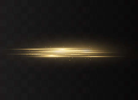 yellow horizontal lens flares pack. Laser beams, horizontal light rays. Beautiful light flares. Glowing streaks on dark background. Luminous abstract sparkling lined background.のイラスト素材