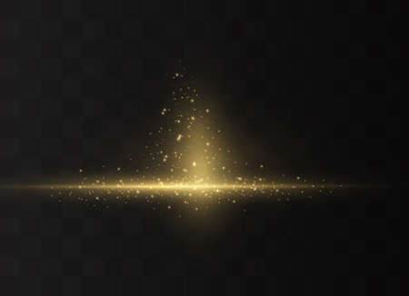 Yellow horizontal lens flares pack. Laser beams, horizontal light rays. Beautiful light flares. Glowing streaks on dark background. Luminous abstract sparkling lined background.のイラスト素材